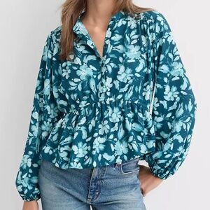 NWT Loft Teal Floral Gathered Peplum Blouse (Size 2)